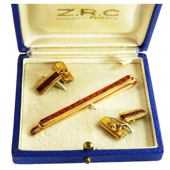 Vintage Faux Leather Cufflinks Set with Tie Bar Loose Chain Link Cuff Links - Picture 3 of 5